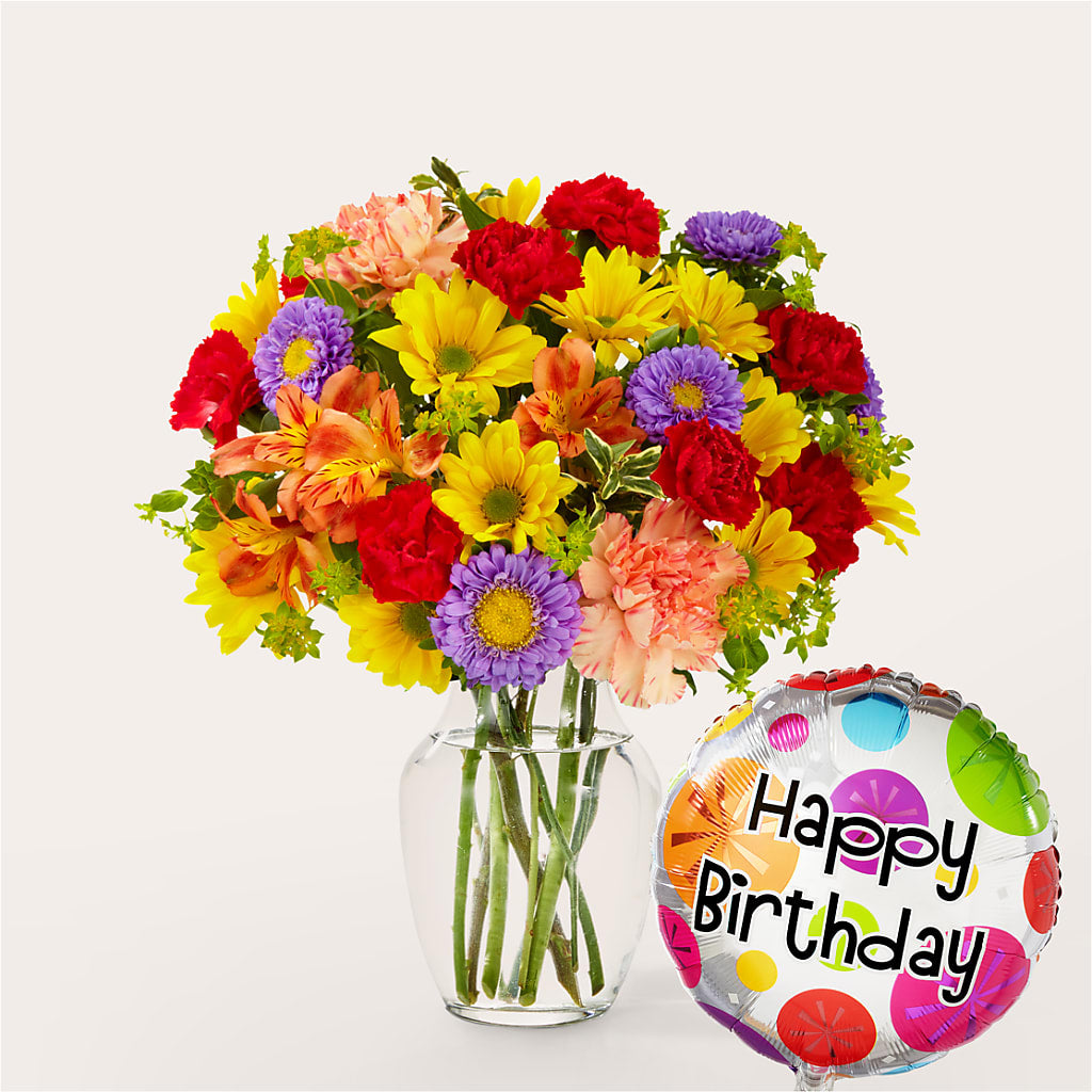 Kaleidoscope Bouquet with Birthday Balloon – Petal Palace, Lamesa TX