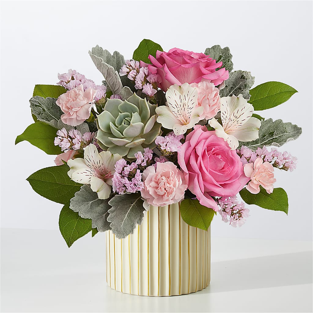 Dusty Rose Bouquet with Ivory Vase – Petal Palace, Lamesa TX