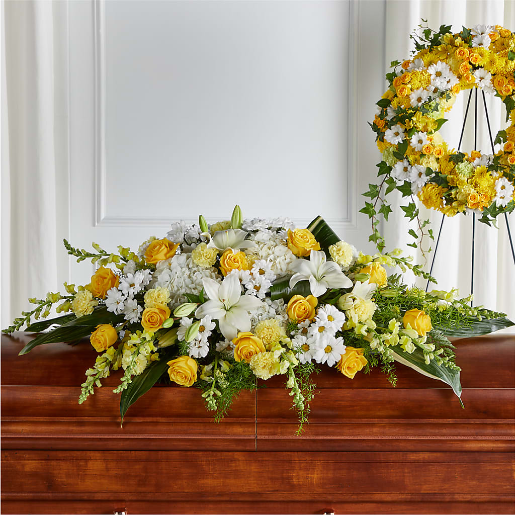 Golden Harmony Casket Spray – Petal Palace, Lamesa TX