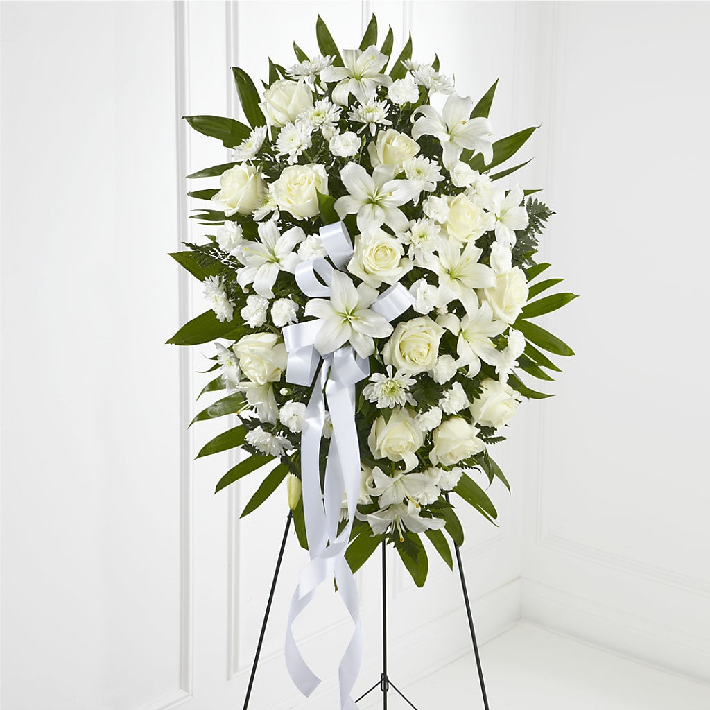 Exquisite Tribute Standing Spray-White Ribbon – Petal Palace, Lamesa TX